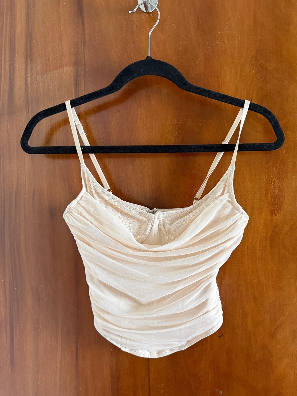 White Fox Boutique Cream Ruched Cowl Spaghetti Strap Camisole